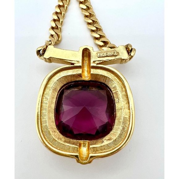 Monet Amethyst Glass Statement Gold Tone Necklace With Rhinestones 16” - Picture 5 of 6